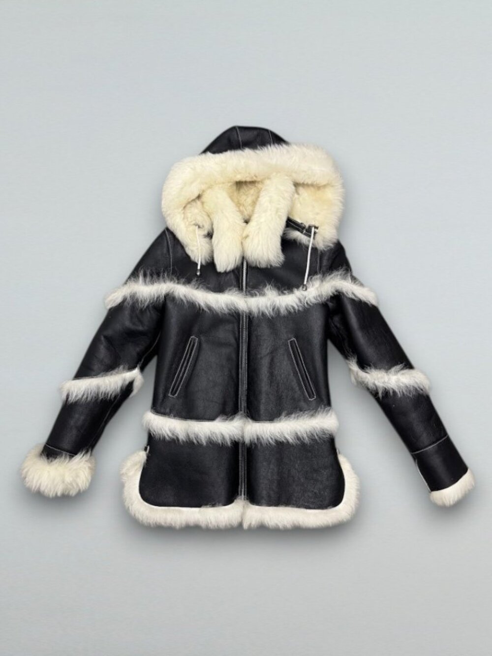 Kids Genuine Sheepskin Shearling Hooded Leather Coat Winter Jacket Black XL